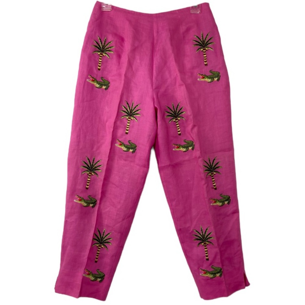 CJ Laing 100% linen pink alligator palm tree high waisted pants. Size 6
